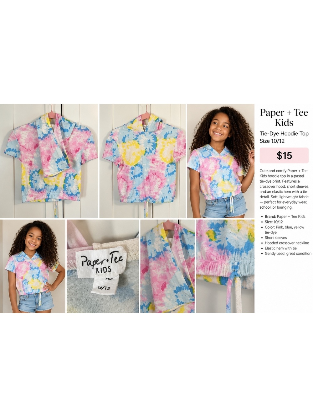 Paper + Tee Kids Tie-Dye Hoodie Top, Size 10/12, Pastel Pink Blue Yellow